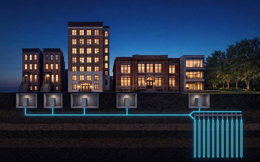 A city block cut open below the street: five buildings share one heat pipe to a field of wells under a park