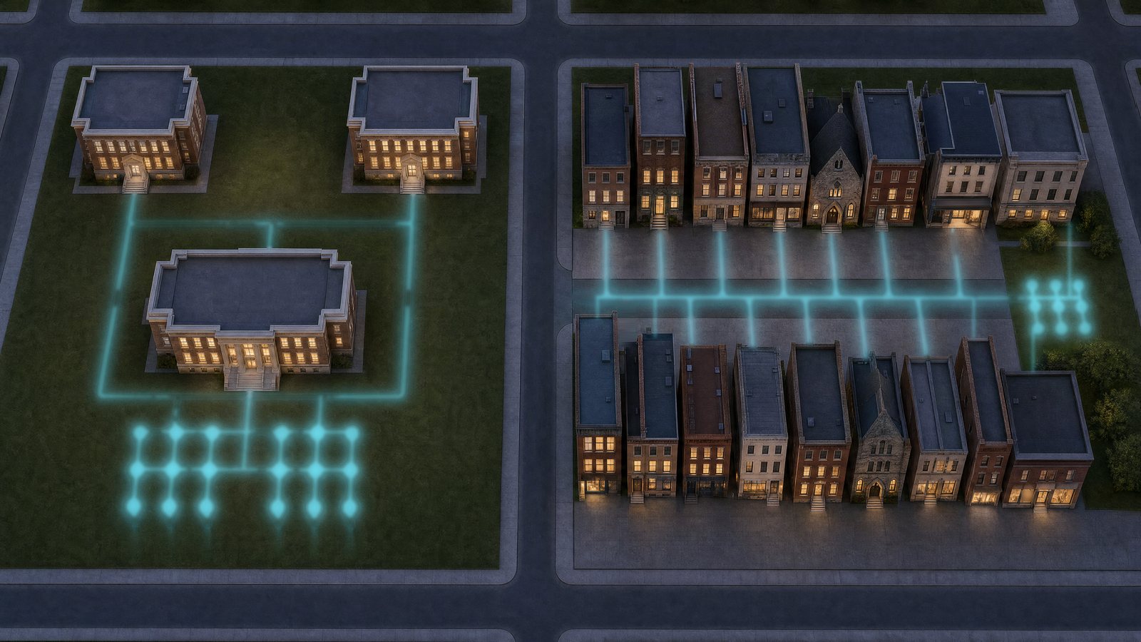 Aerial of two city blocks with an underground loop glowing through the ground on each