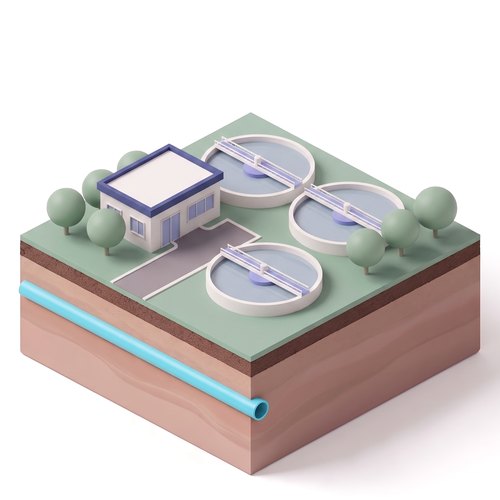Emblem: a water utility plant with three round clarifier tanks and a pump house, on a soil slab with the shared pipe below ground.