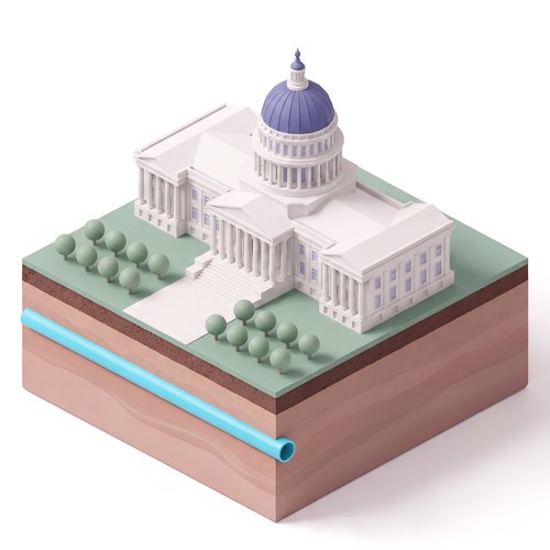 Emblem: a domed state capitol on a soil slab with the shared pipe below ground.