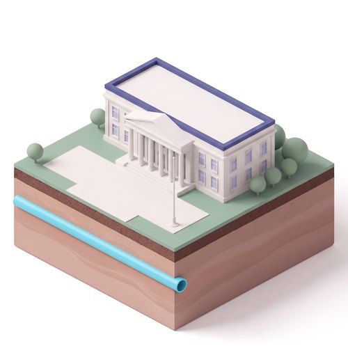 Emblem: a columned federal building with a bare flagpole, on a soil slab with the shared pipe below ground.