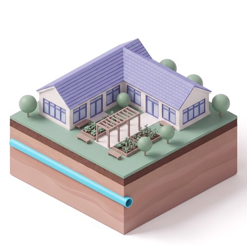 Emblem: a community co-op building around a shared courtyard garden, on a soil slab with the shared heat pipe below ground.