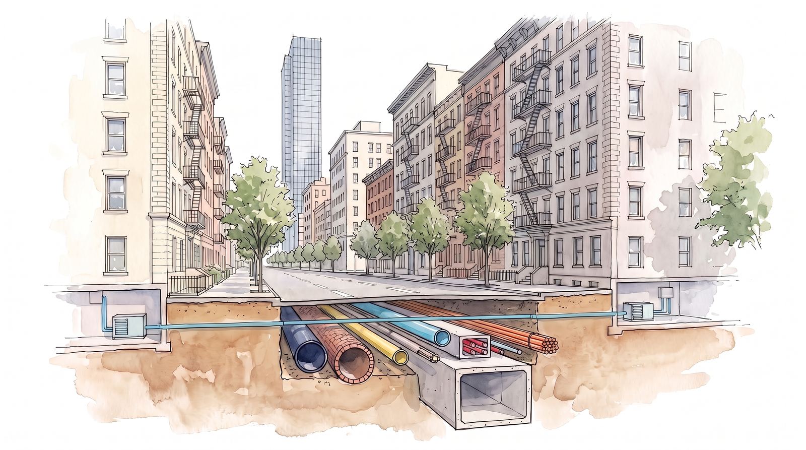 Watercolor section of a New York street with prewar apartment buildings and a glass tower. Under the street, a crowded section of water, sewer, gas, electric and telecom lines and a subway box, with a cyan main fitted among them and branches to basement heat pumps on both sides.